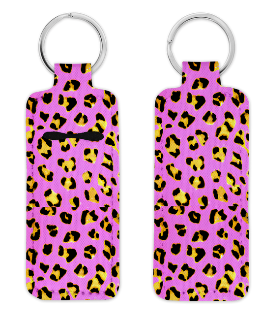Lip Gloss Neoprene Holder Keychain Pink Leopard Design